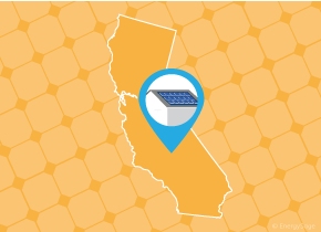 Simple map of California with a map pin showing a roof with installed solar panels